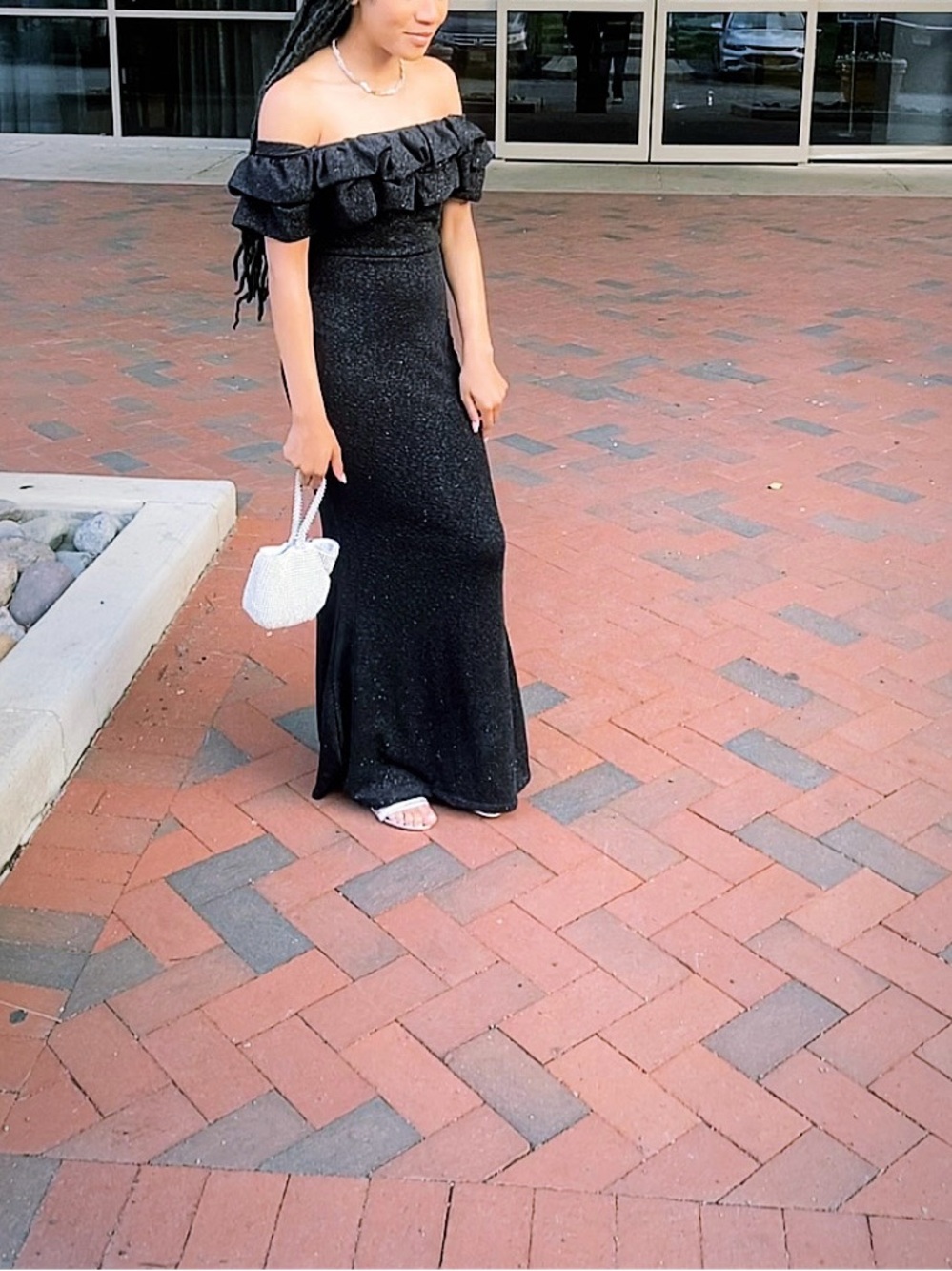 Windsor Black Sparkle Off-Shoulder Ruffle Strapless Gown